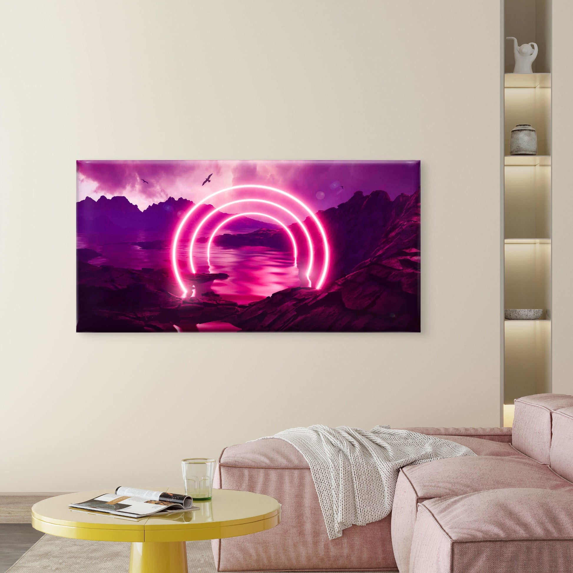 Glowing Rings in Neon Sea Wall Art Canvas Office Home Room Framed 120x60cm - Bella Home Decor