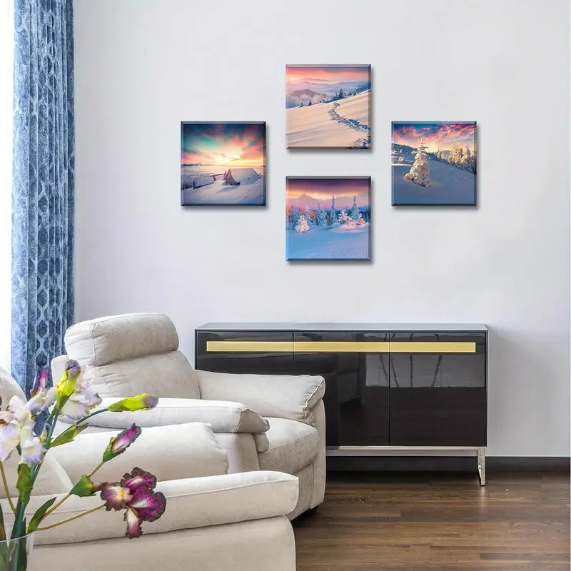 4pcs Snowy Landscape & Forest Scene With Sunset Wall Art Canvas Framed - Bella Home Decor