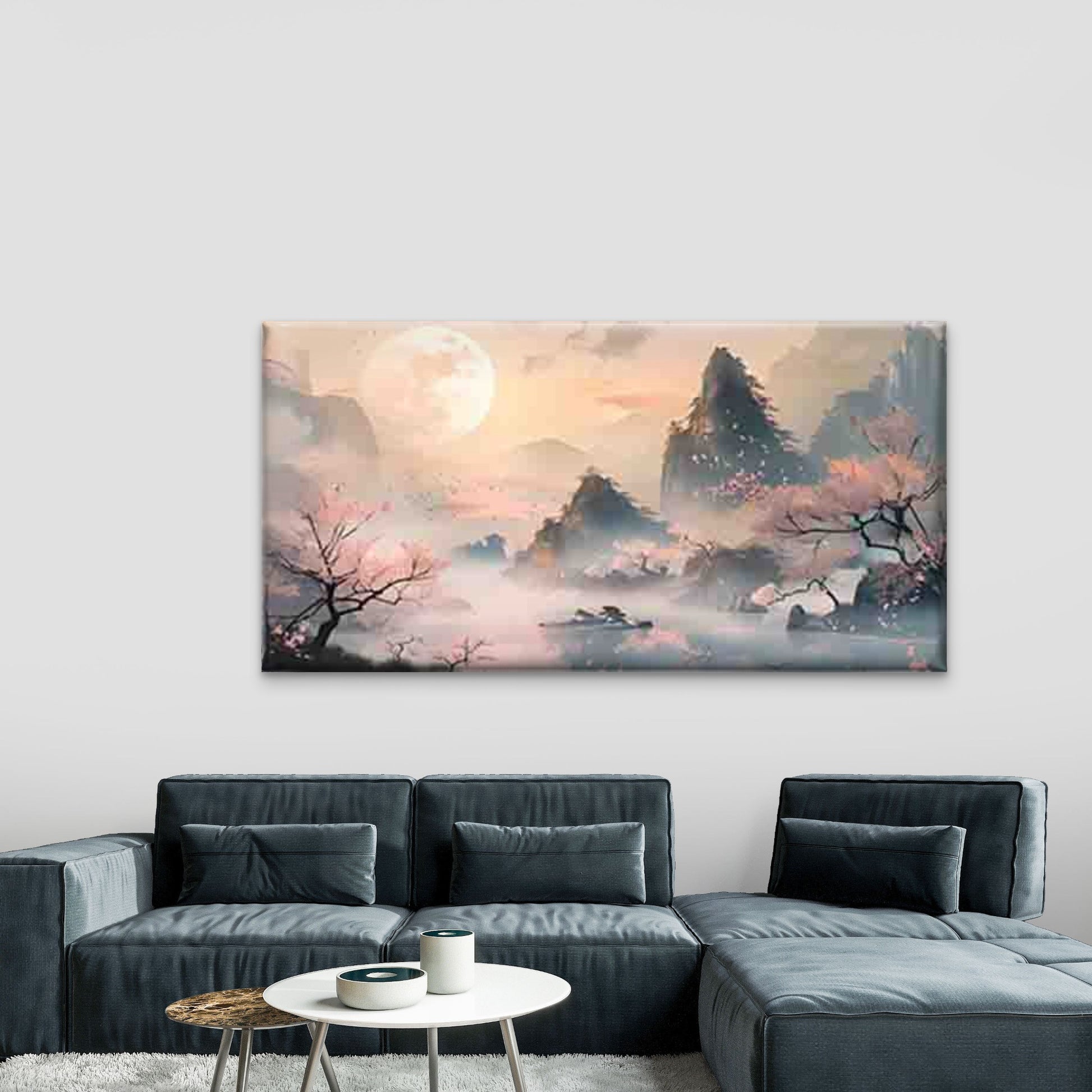 Misty Mountain & Pink Blossoms Wall Art Canvas Office Home Room Framed 120x60cm - Bella Home Decor