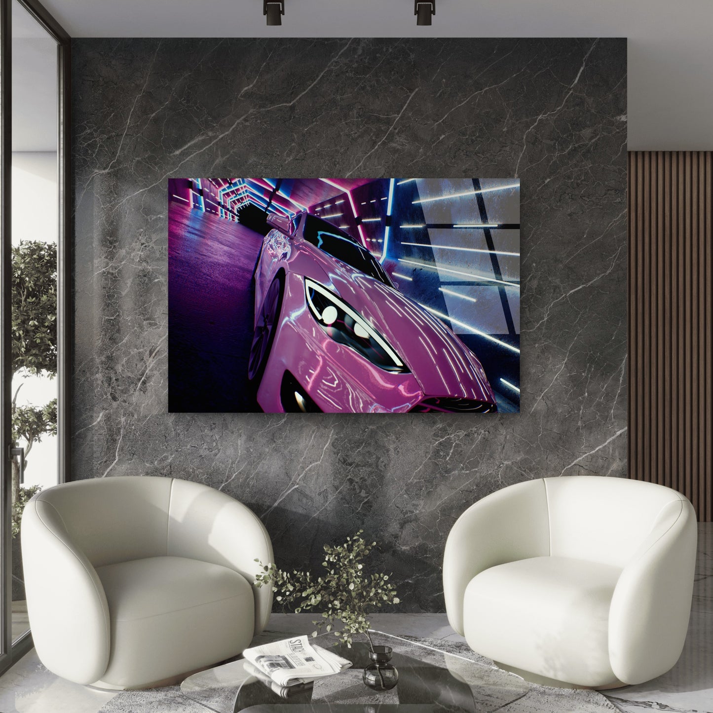 Glow Retro Futuristic Neon Pink Car Acrylic Glass Printing Wall Art Australian Made Quality