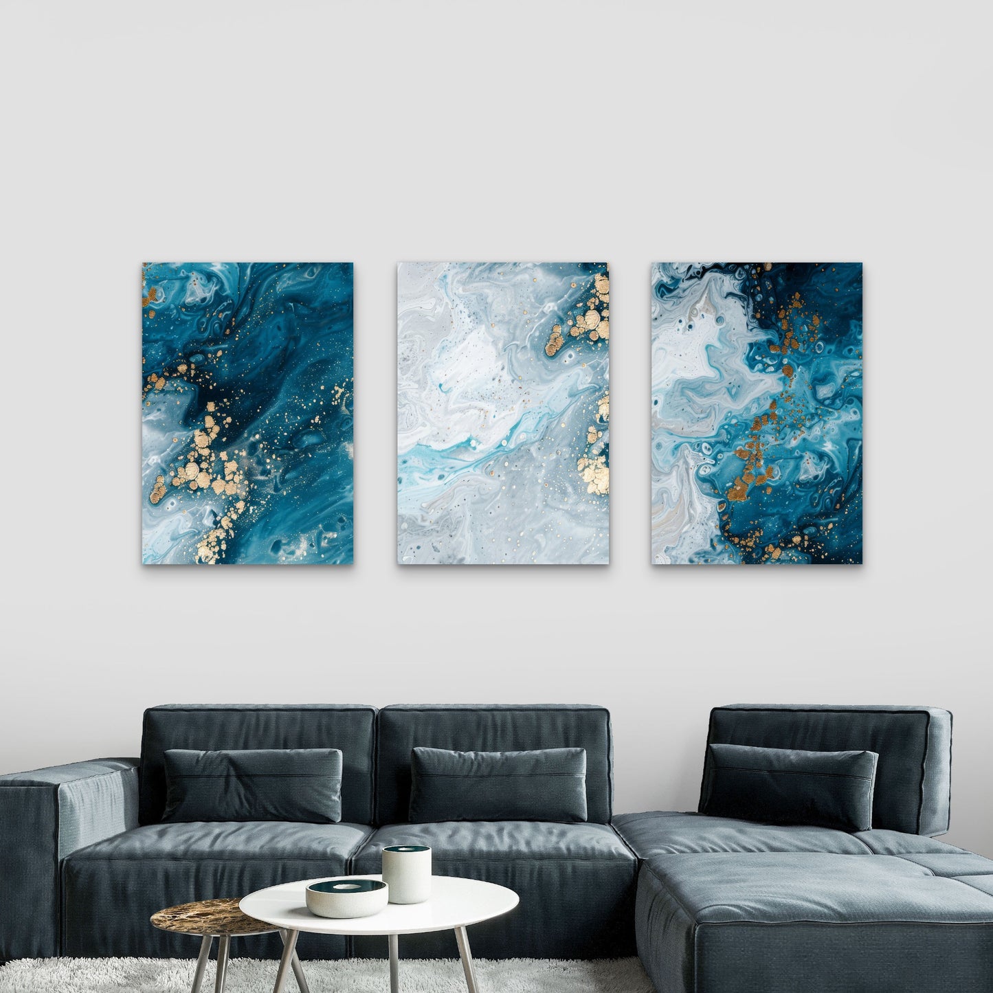 3pcs Blue Ocean Fluid Marble Abstract Wall Art Set Canvas Framed 40x60cm - High Quality Print 100% Australian Made Wall Canvas Ready to Hang