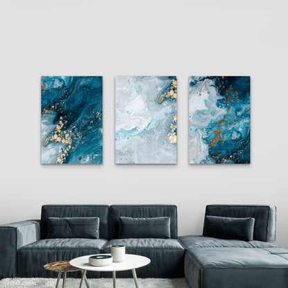 3pcs Blue Ocean Fluid Marble Abstract Wall Art Set Canvas Framed 40x60cm - High Quality Print 100% Australian Made Wall Canvas Ready to Hang