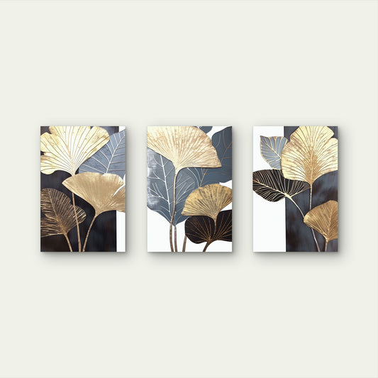 3pcs Modern Abstract Blue Gold Ginkgo Leaf Wall Art Set Canvas Framed 60x90cm - High Quality Print 100% Australian Made Wall Canvas Ready to Hang