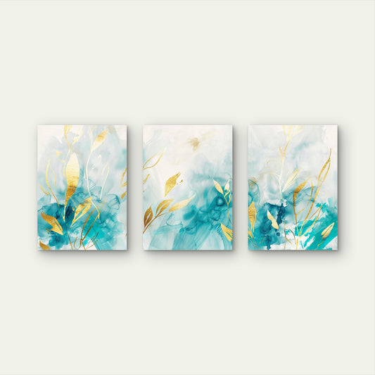 3pcs Teal and Gold Abstract Leaves   Wall Art Set Canvas Framed 40x60cm - High Quality Print 100% Australian Made Wall Canvas Ready to Hang