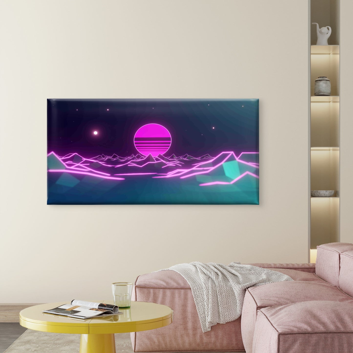 Sunset Over Neon Mountain Wall Art Canvas Office Home Room Framed 120x60cm - Bella Home Decor
