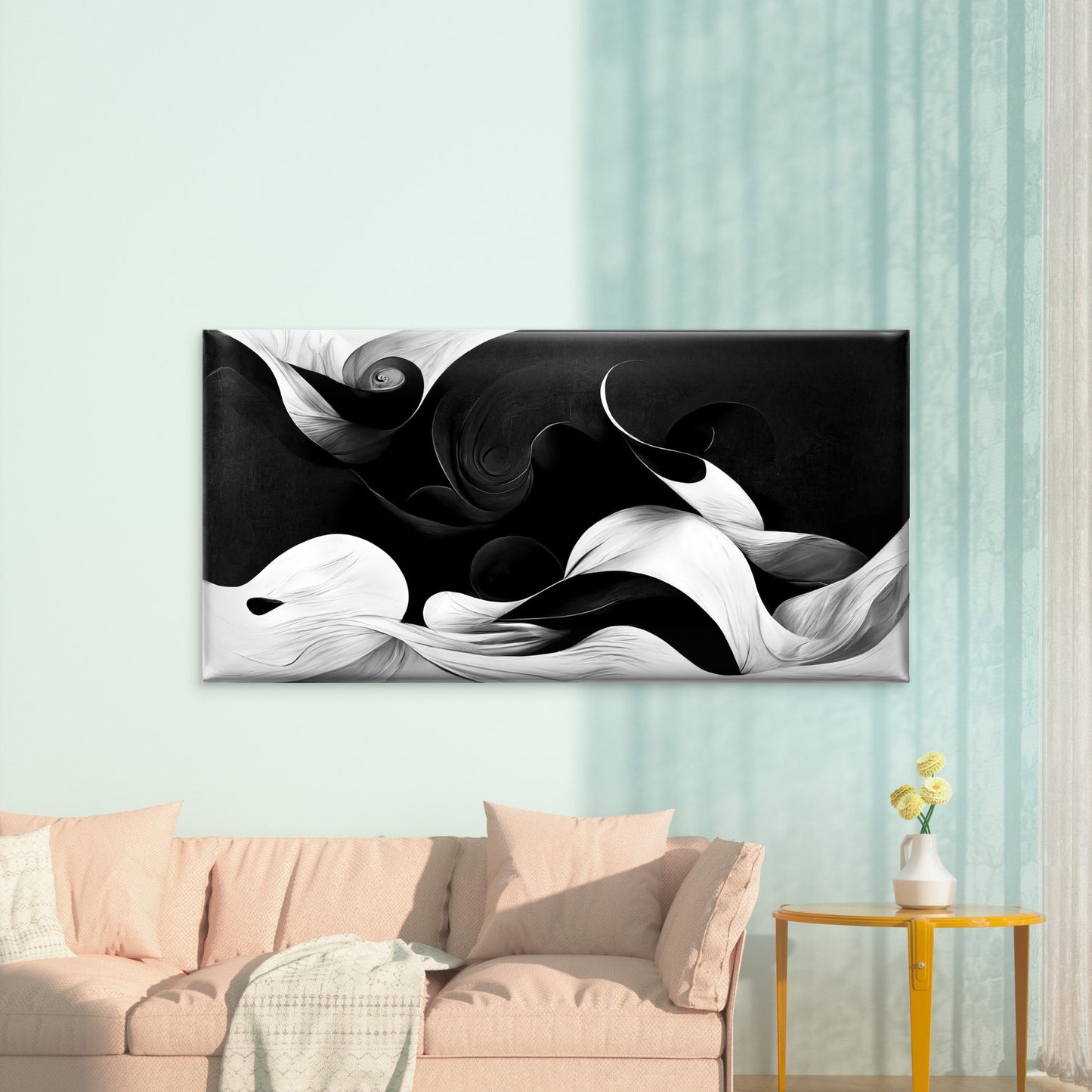Flowing Black White Abstract Wall Art Canvas Office Home Room Framed 120x60cm