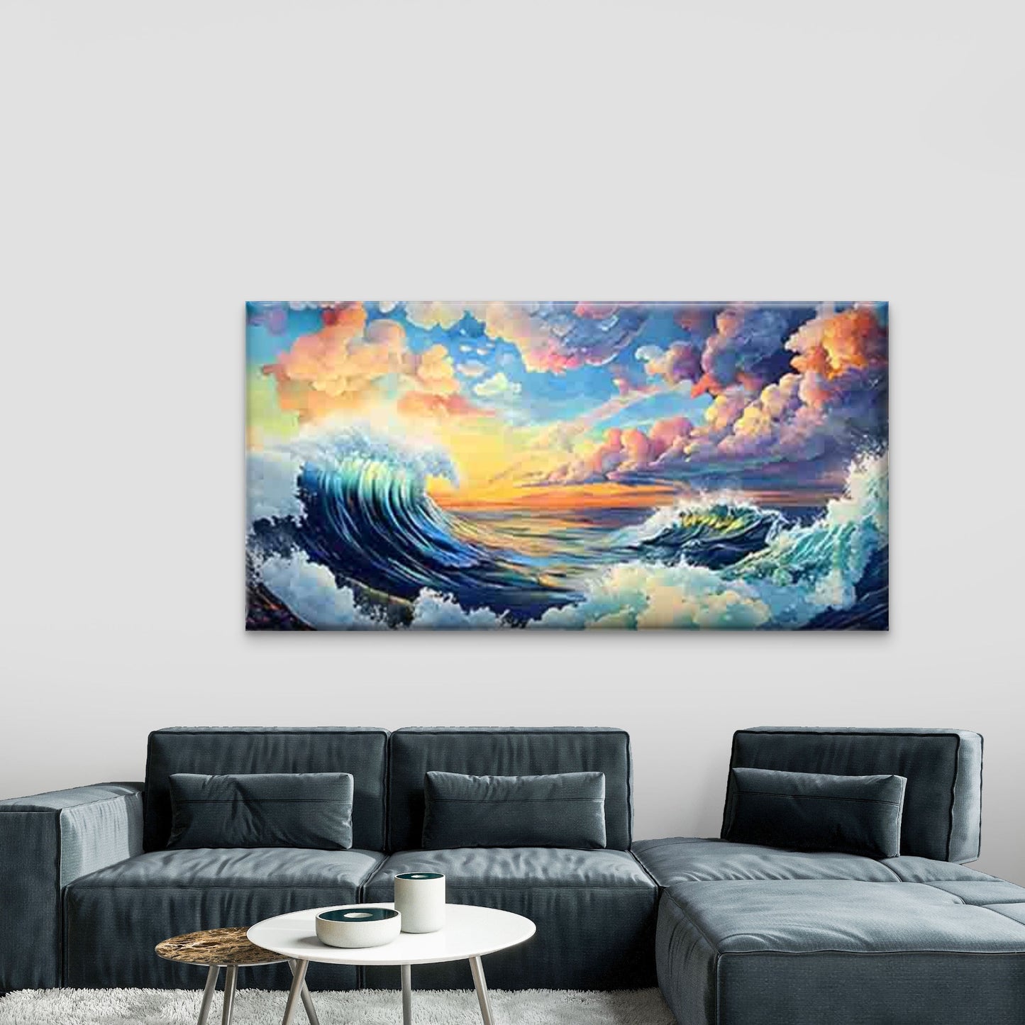 Waves Intertwined with Clouds Wall Art Canvas Office Home Room Framed 120x60cm - Bella Home Decor