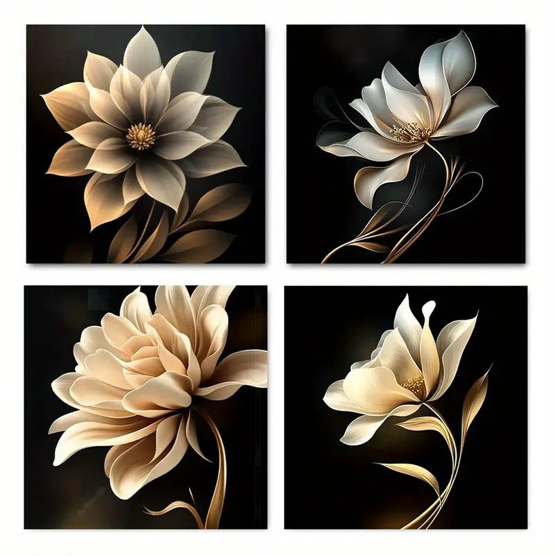 4pcs Golden Flower Theme Wall Art Canvas Framed