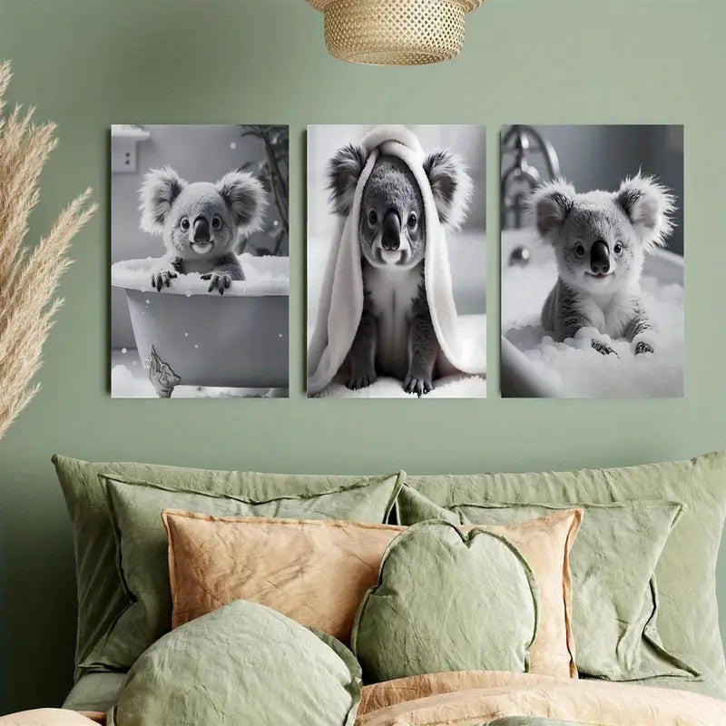 3pcs Cute & Funny Cartoon Koala Prints Metal Print Ready to Hang Art - Bella Home Decor