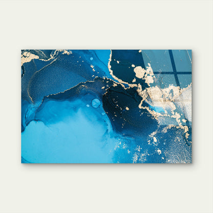 Abstract Ocean Blue And Gold Fluid Ink Art Acrylic Glass Printing Wall Art Australian Made Quality