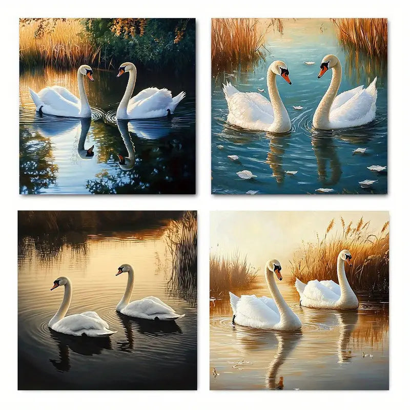 4pcs Swan Anima Nature-Themedn Wall Art Canvas Framed