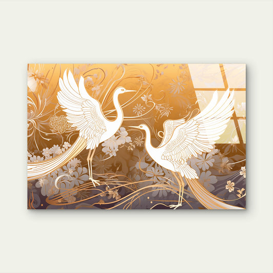 Japanese Crane Floral Art Acrylic Glass Printing Wall Art Australian Made Quality