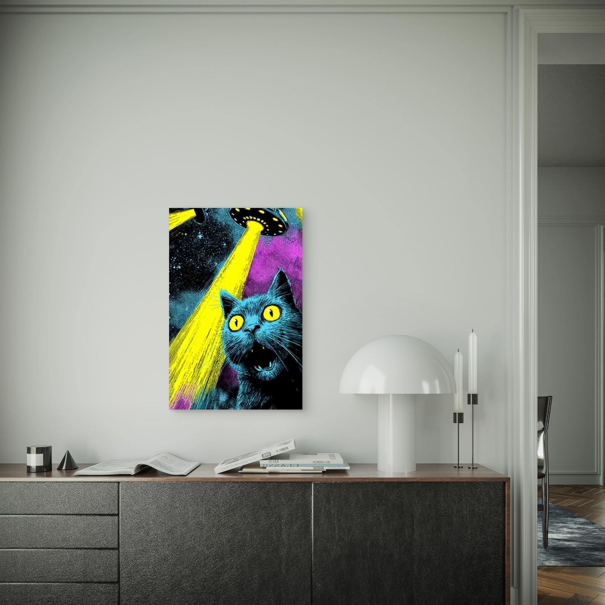 Alien Cat Abduction 60x90cm Metal Print Ready to Hang - Bella Home Decor