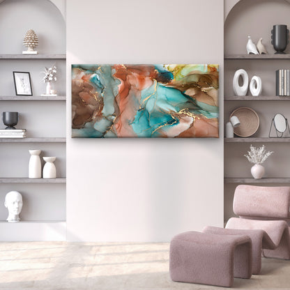 Abstract Teal Brown Gold Fluid Wall Art Canvas Office Home Room Framed 120x60cm