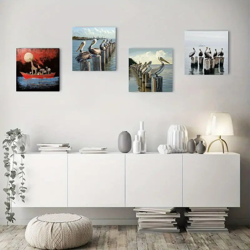 4pcs Stylish Pelican & Wildlife Wall Art Canvas Framed