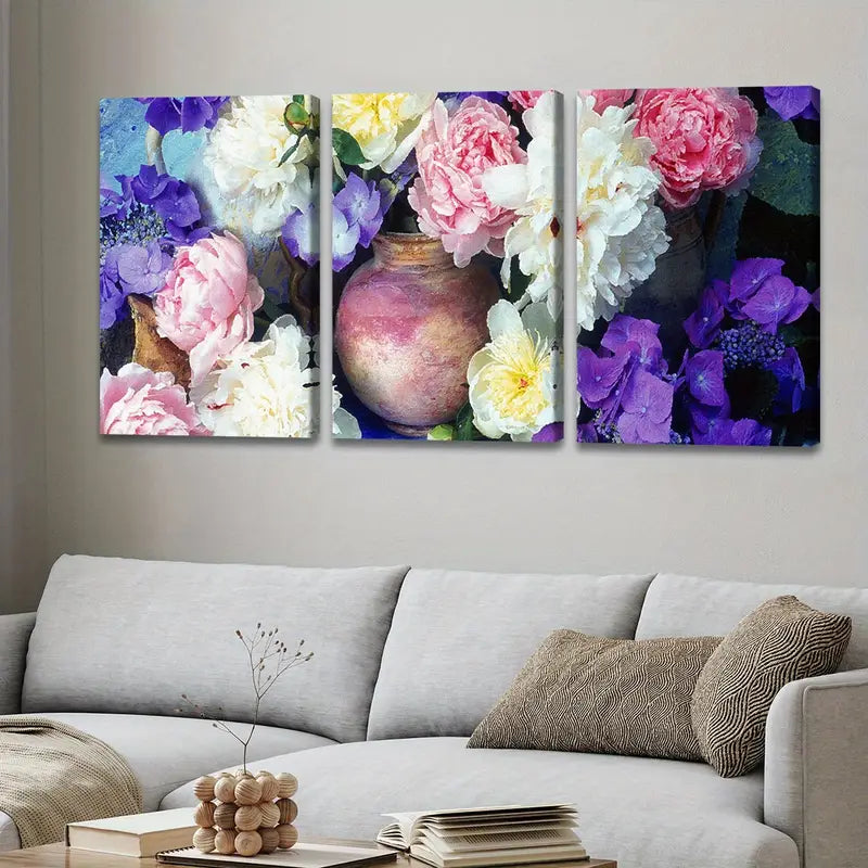 3pcs Peonies & Hydrangeas Floral Poster Wall Art Set Canvas Framed 50x70cm - High Quality Print 100% Australian Made Wall Canvas Ready to Hang