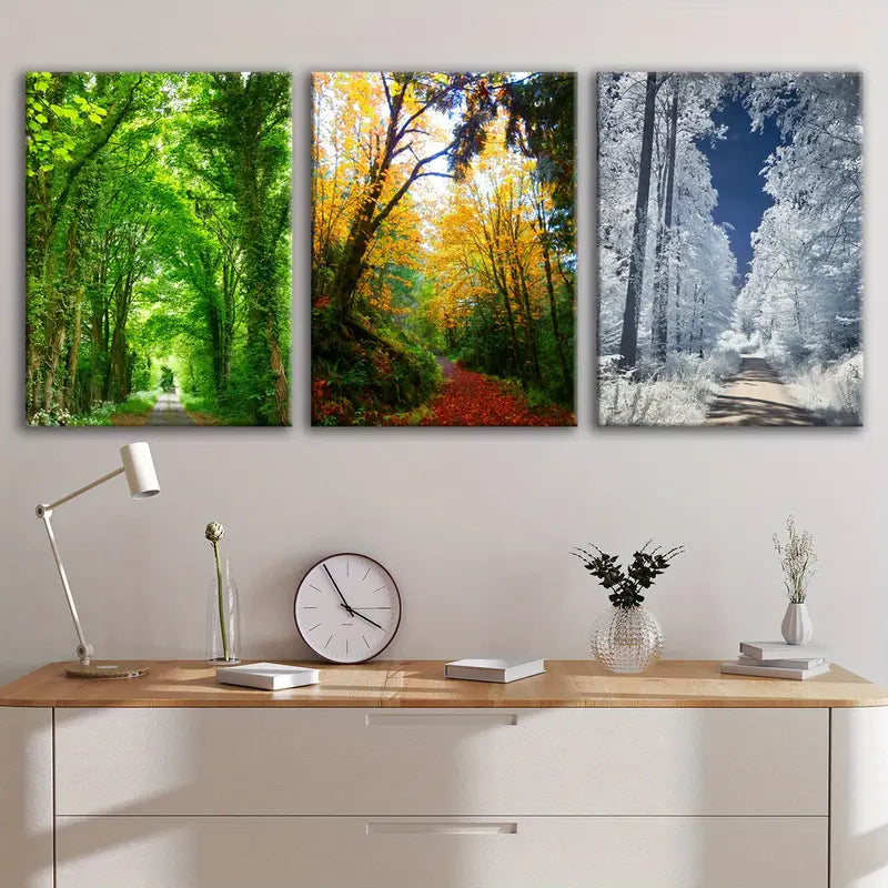 3pcs Green Autumn Snowy Forest Wall Art Set Canvas Framed 40x60cm - High Quality Print 100% Australian Made Wall Canvas Ready to Hang