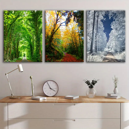 3pcs Green Autumn Snowy Forest Wall Art Set Canvas Framed 50x70cm - High Quality Print 100% Australian Made Wall Canvas Ready to Hang