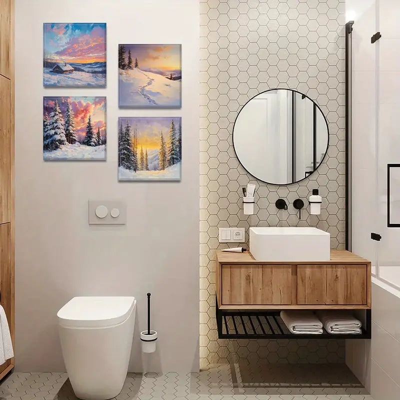 4pcs Clouds Decorative Painting, Mountains  Wall Art Canvas Framed