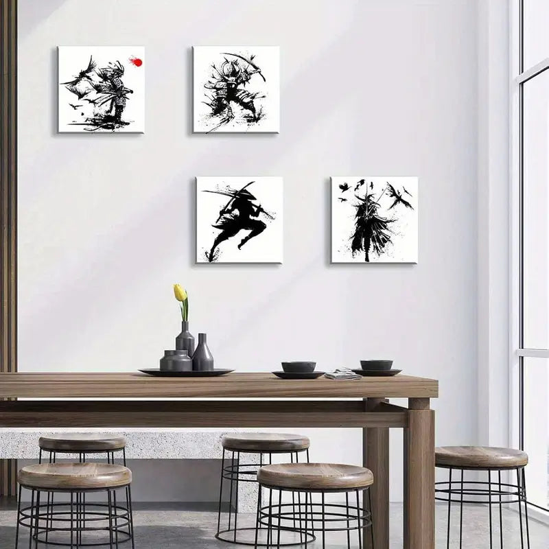 4pcs Black and White Warrior Figure With Sword Wall Art Canvas Framed - Bella Home Decor