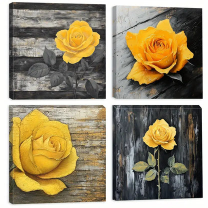 4pcs Yellow Rose Interior Designers  Wall Art Canvas Framed