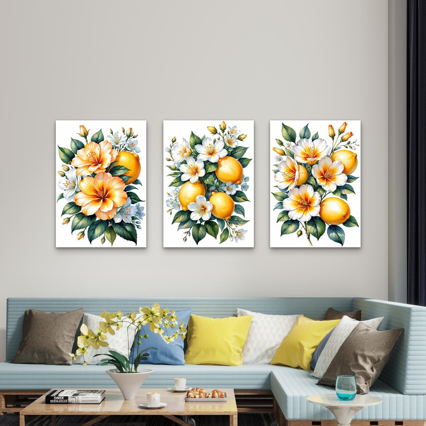 3pcs Yellow Lemons And White Floral Botanical Illustration Wall Art Set Canvas Framed 60x90cm - High Quality Print 100% Australian Made Wall Canvas Ready to Hang