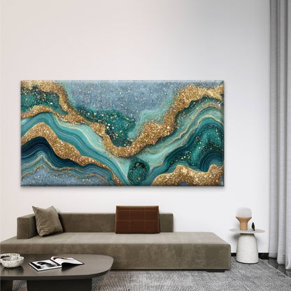 Turquoise & Golden Marble Wall Art Canvas Office Home Room Framed 120x60cm