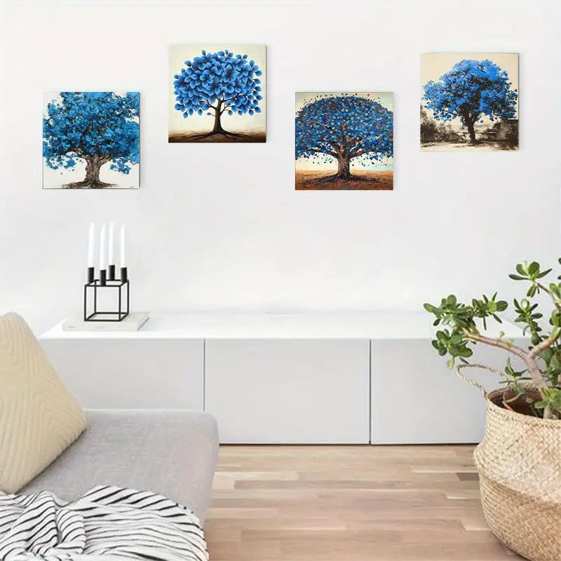 4pcs Turquoise Tree Beige Paintin Wall Art Canvas Framed
