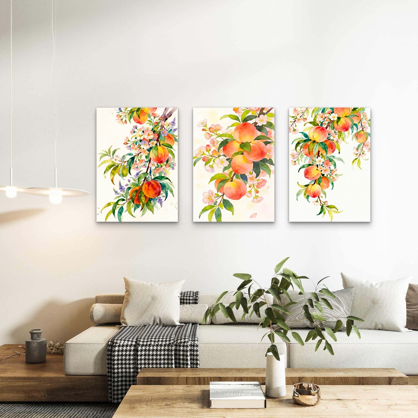 3pcs Watercolor Peach Fruit Branches Blossoms Wall Art Set Canvas Framed 60x90cm- High Quality Print 100% Australian Made Wall Canvas Ready to Hang