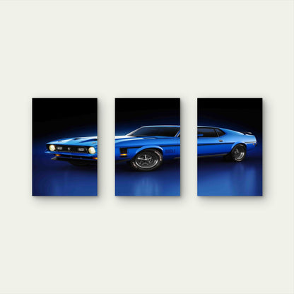 3pcs Classic Electric Blue Retro Muscle Car Metal Print Ready to Hang Art