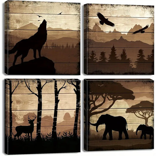 4pcs  Deer Wolf Elephant Canvas Pictures Forest  Wall Art Canvas Framed