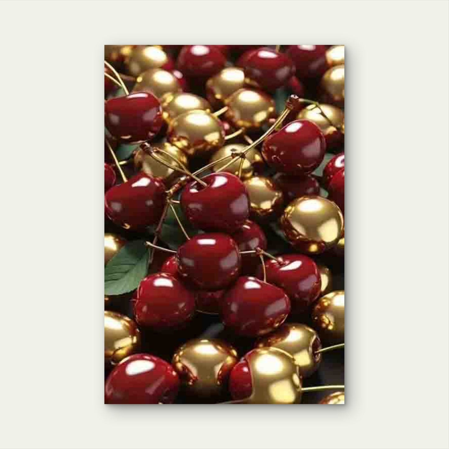 Golden And Red Cherries with Green Leaves 60x90cm Metal Print Ready to Hang - Bella Home Decor