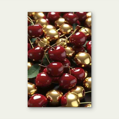 Golden And Red Cherries with Green Leaves Metal Print Ready to Hang - Bella Home Decor