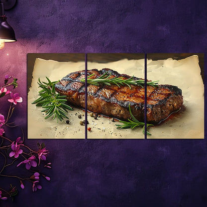 3pcs Steak with Rosemary Sprigs & Peppercorns Wall Art Set Canvas Framed 50x70cm - High Quality Print 100% Australian Made Wall Canvas Ready to Hang