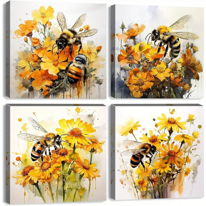 4pcs  Wildflower Wall Art Bee  Poppy  Flower Wall Art Canvas Framed - Bella Home Decor