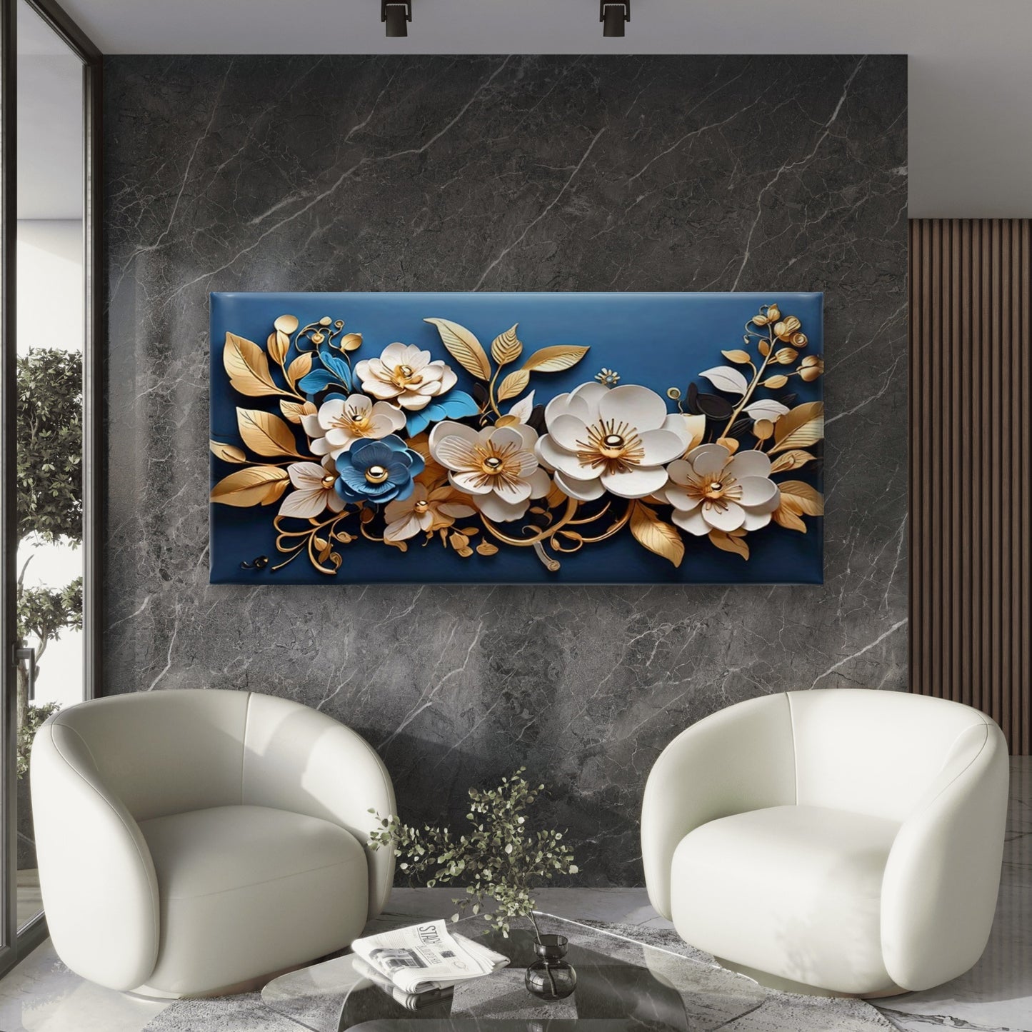 White & Golden Botanical Wall Art Canvas Office Home Room Framed 120x60cm
