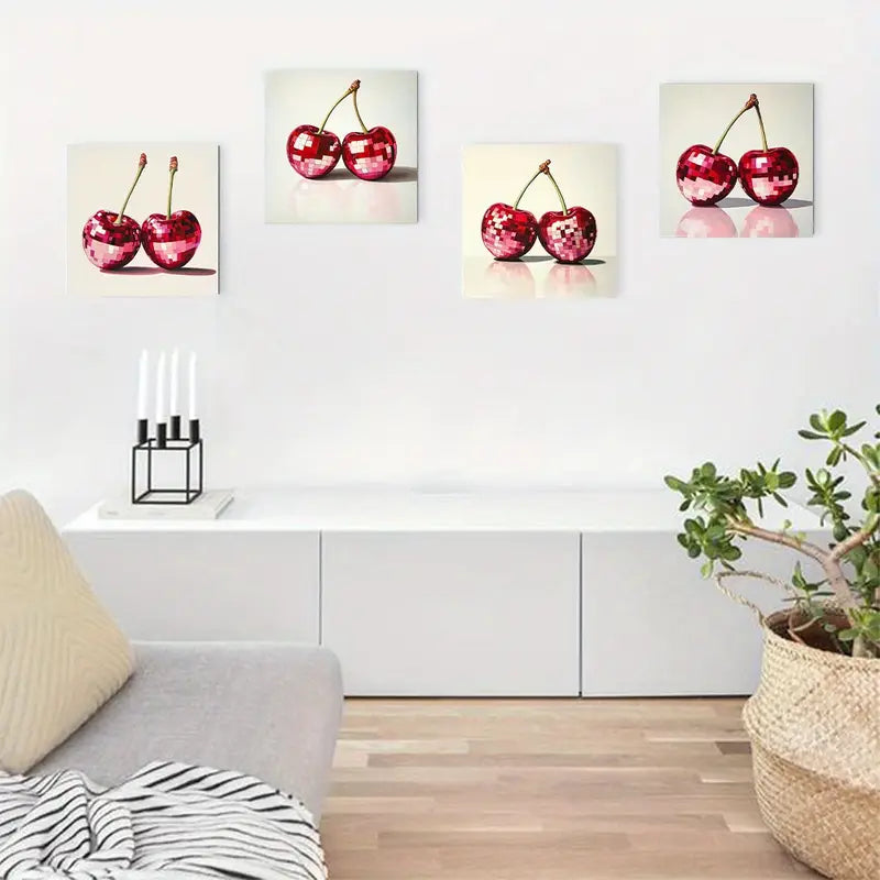 4pcs Vibrant Red Cherry Disco Design Wall Art Canvas Framed