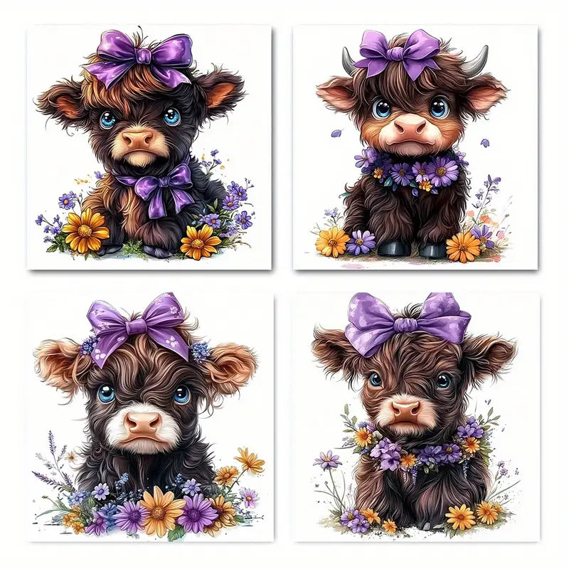 4pcs w Animal Illustrations with Purple  Wall Art Canvas Framed