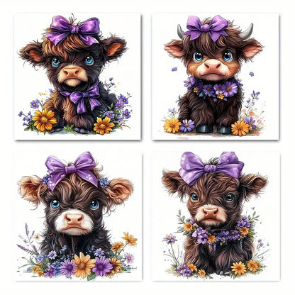 4pcs w Animal Illustrations with Purple  Wall Art Canvas Framed