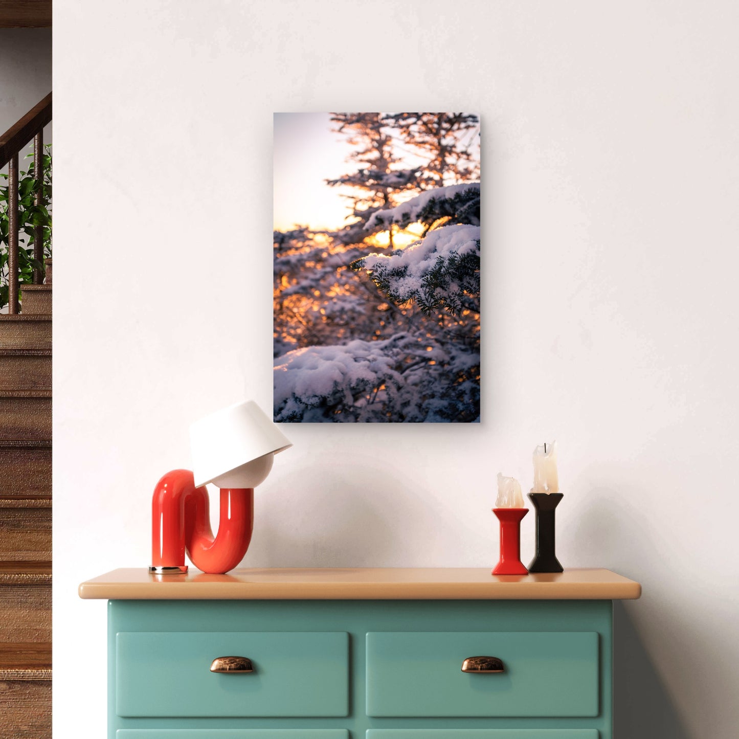 Winter Snow Pine Tree Branch Sunset Art 40x60cm Metal Print Ready to Hang