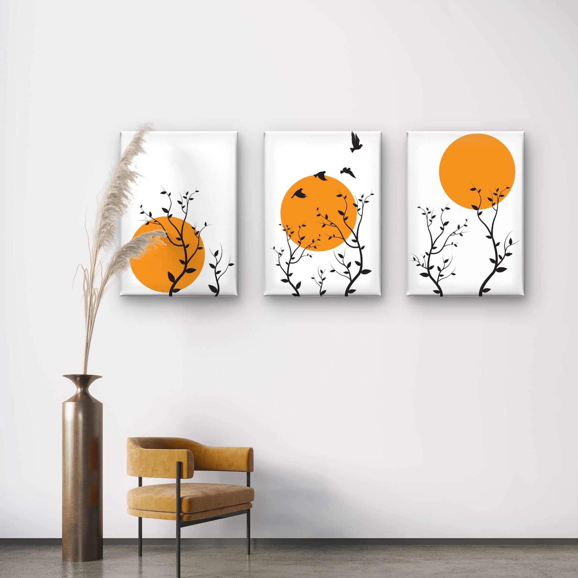 3pcs Minimalist Orange Sun Tree Branches Birds Wall Art Set Canvas Framed 40x60cm - High Quality Print 100% Australian Made Wall Canvas Ready to Hang