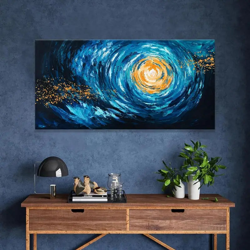 Coastal Beach Starry Nights Blue & Golden Wall Art canvas office home room framed 120x60cm - Bella Home Decor