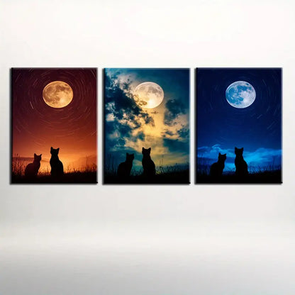 3pcs Featuring Moonlit Cats In Serene Metal Print Ready to Hang Art