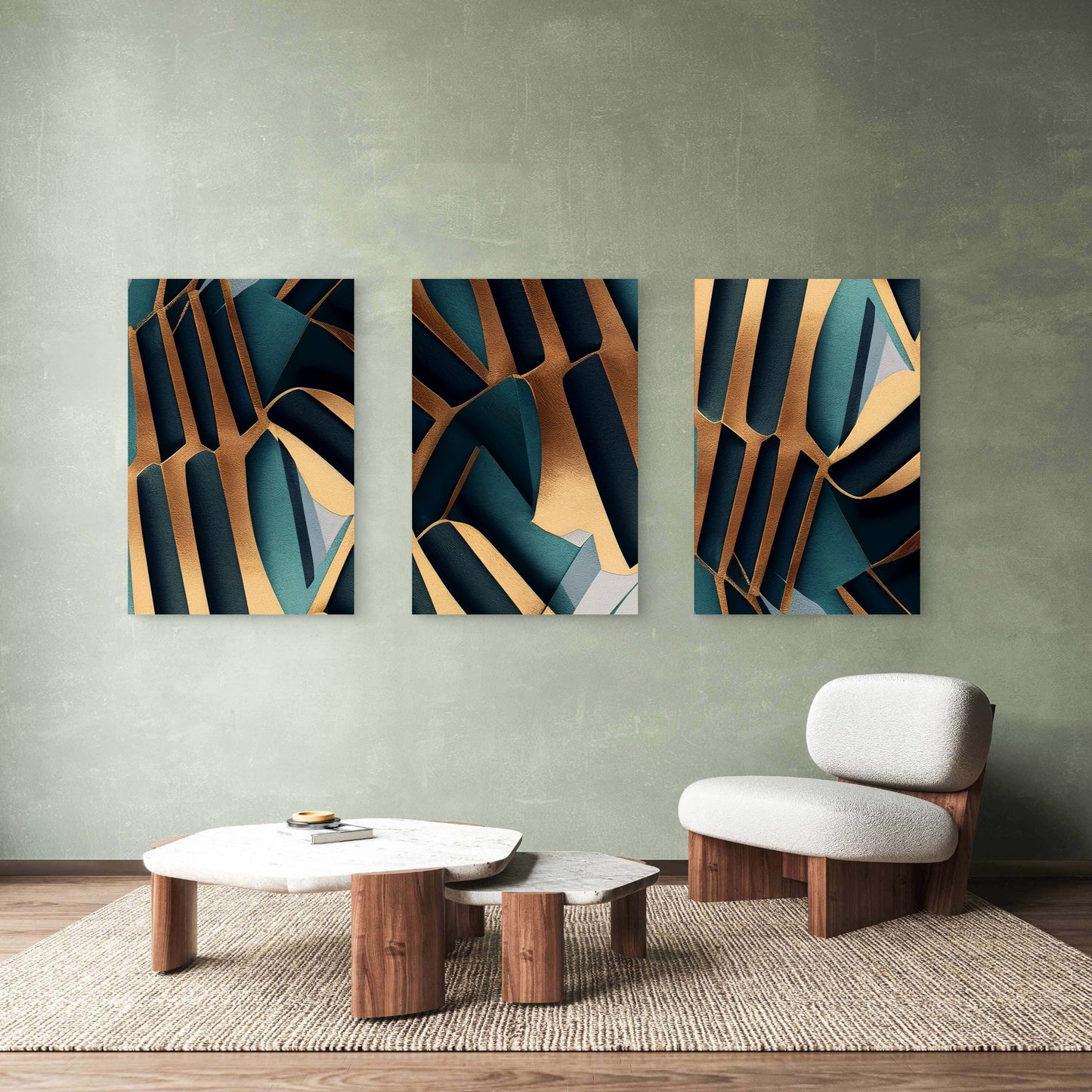 3pcs Modern Abstract Geometric Emerald Gold  Wall Art Set Canvas Framed 60x90cm - High Quality Print 100% Australian Made Wall Canvas Ready to Hang
