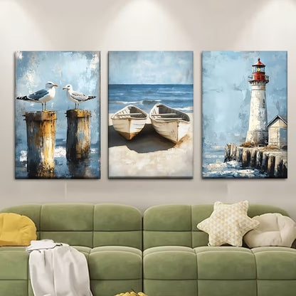 3pcs Abstract Art Sea Boats Seagulls Lighthouses Wall Art Set Canvas Framed 40x60cm - High Quality Print 100% Australian Made Wall Canvas Ready to Hang - Bella Home Decor