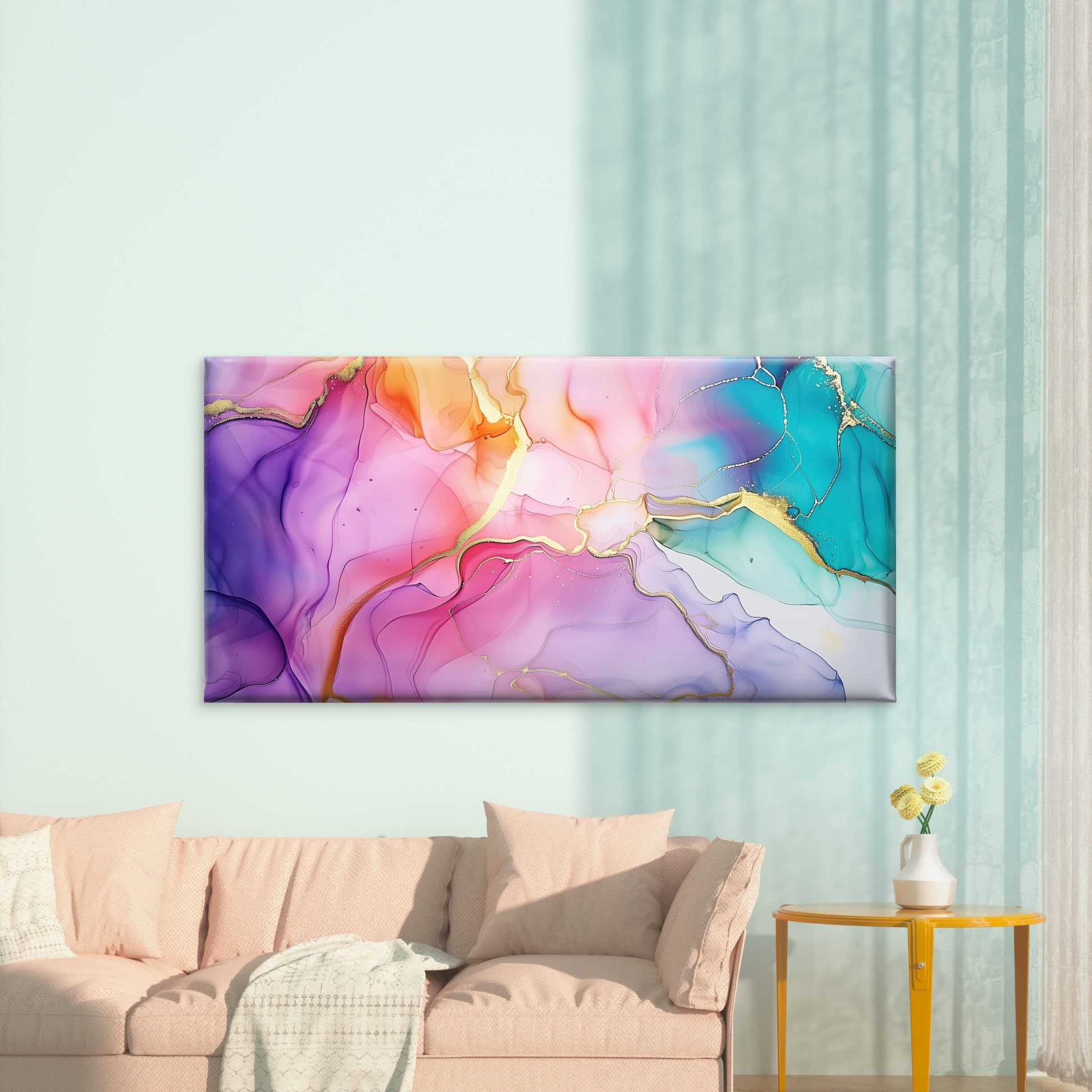 Pastel Waves With Gold Wall Art Canvas Office Home Room Framed 120x60cm - Bella Home Decor