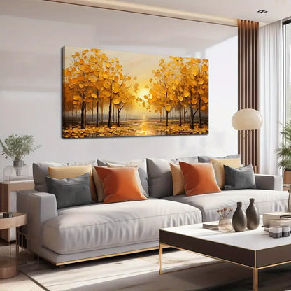 Yellow Leaves Sunset Trees Wall Art canvas office home room framed 120x60cm - Bella Home Decor