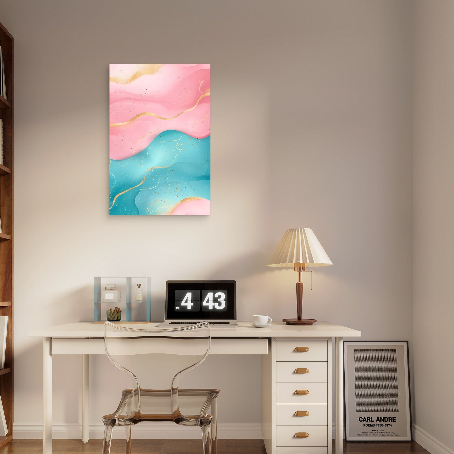 Pink Teal Gold Abstract Fluid Ink 40x60cm Metal Print Ready to Hang