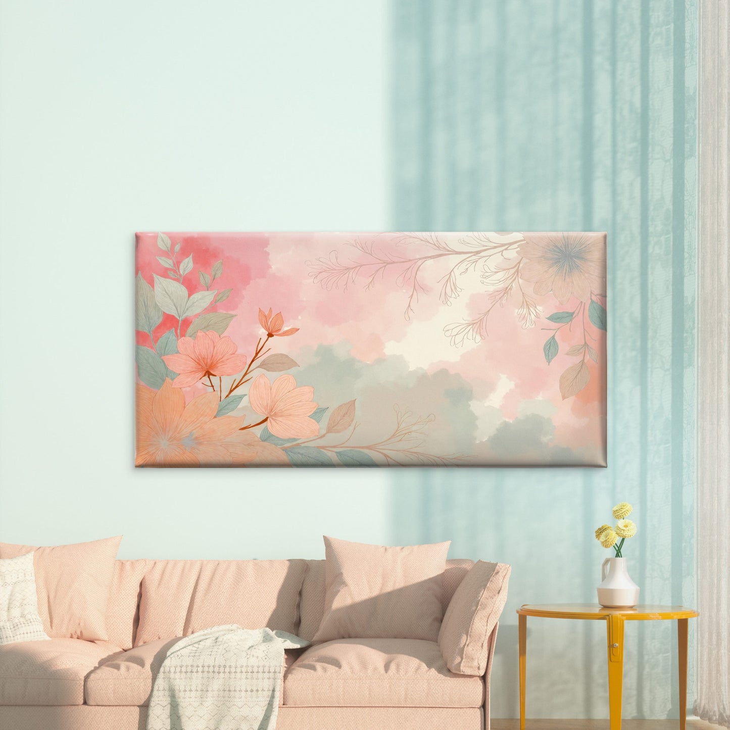 Serene Pink Botanical Blossom Wall Art Canvas Office Home Room Framed 120x60cm - Bella Home Decor