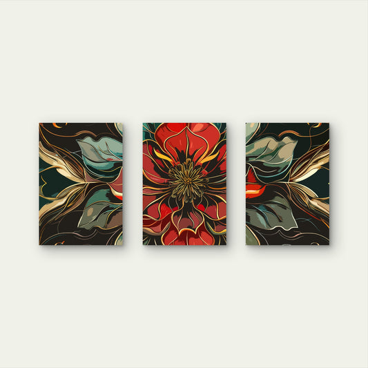 3pcs Red Green Gold Luxury Botanical Leaf Wall Art Set Canvas Framed 50x70cm - High Quality Print 100% Australian Made Wall Canvas Ready to Hang